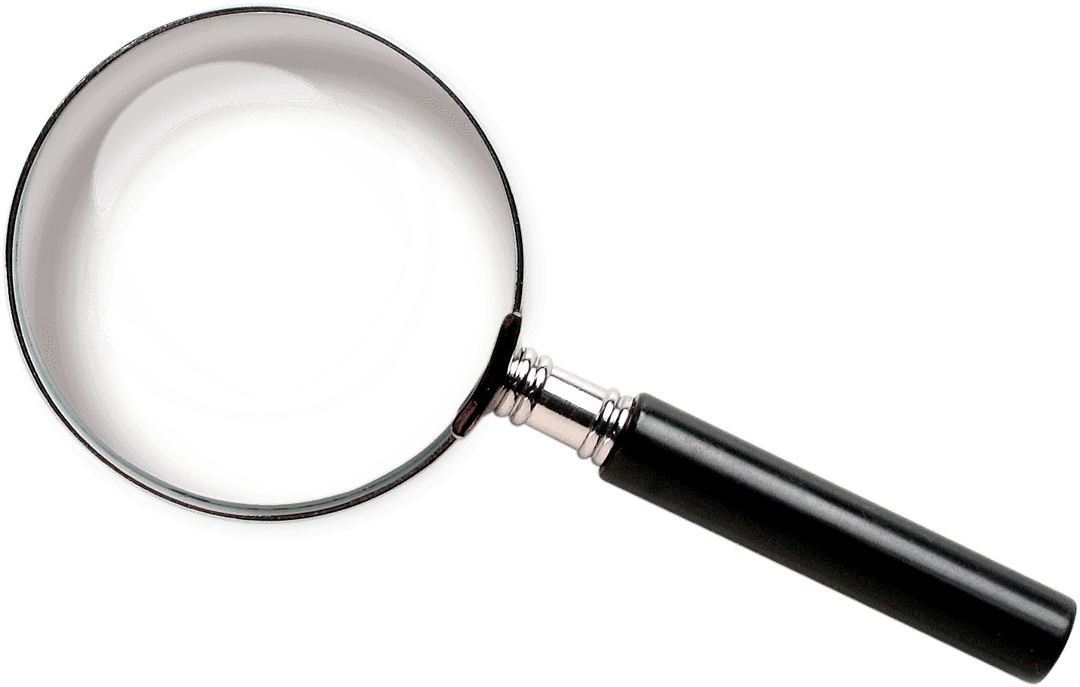Magnifying glass with chrome frame and clear glass lens showing realistic light refraction on a transparent base.