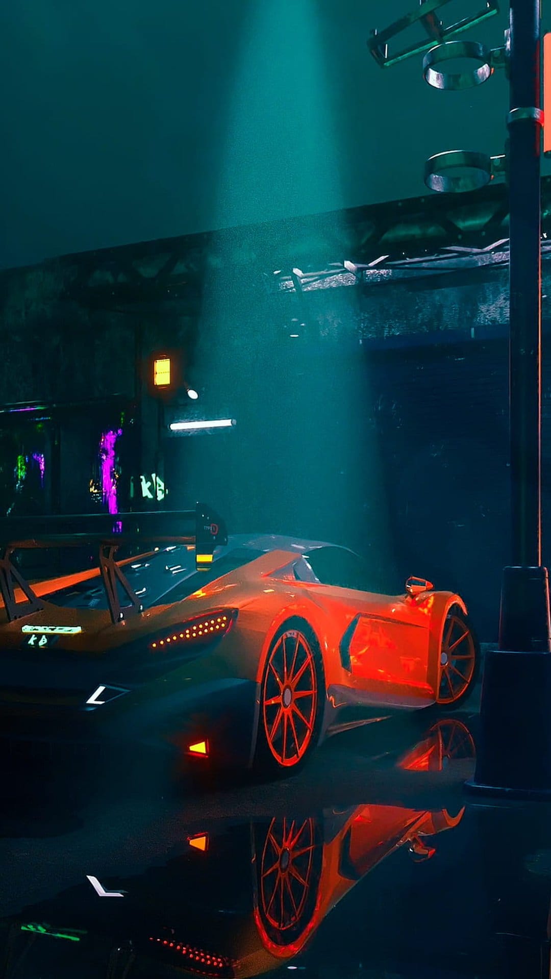 Orange futuristic supercar parked in a dark garage with cyan neon lights reflecting on a wet floor surface.