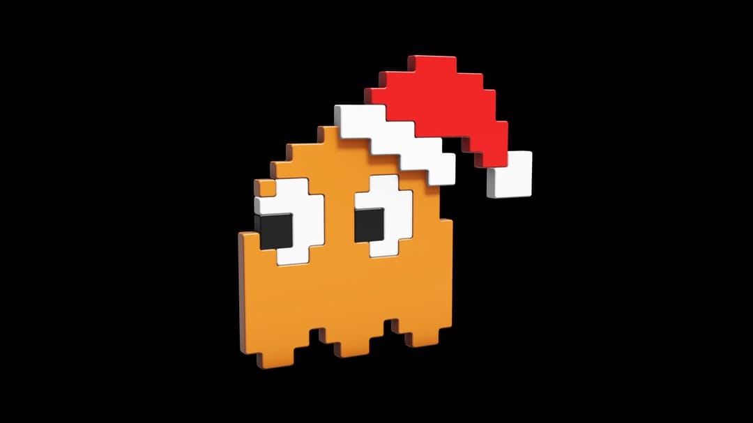3D pixel art orange Pac-Man ghost wearing a red and white Santa hat centered on a solid black background.