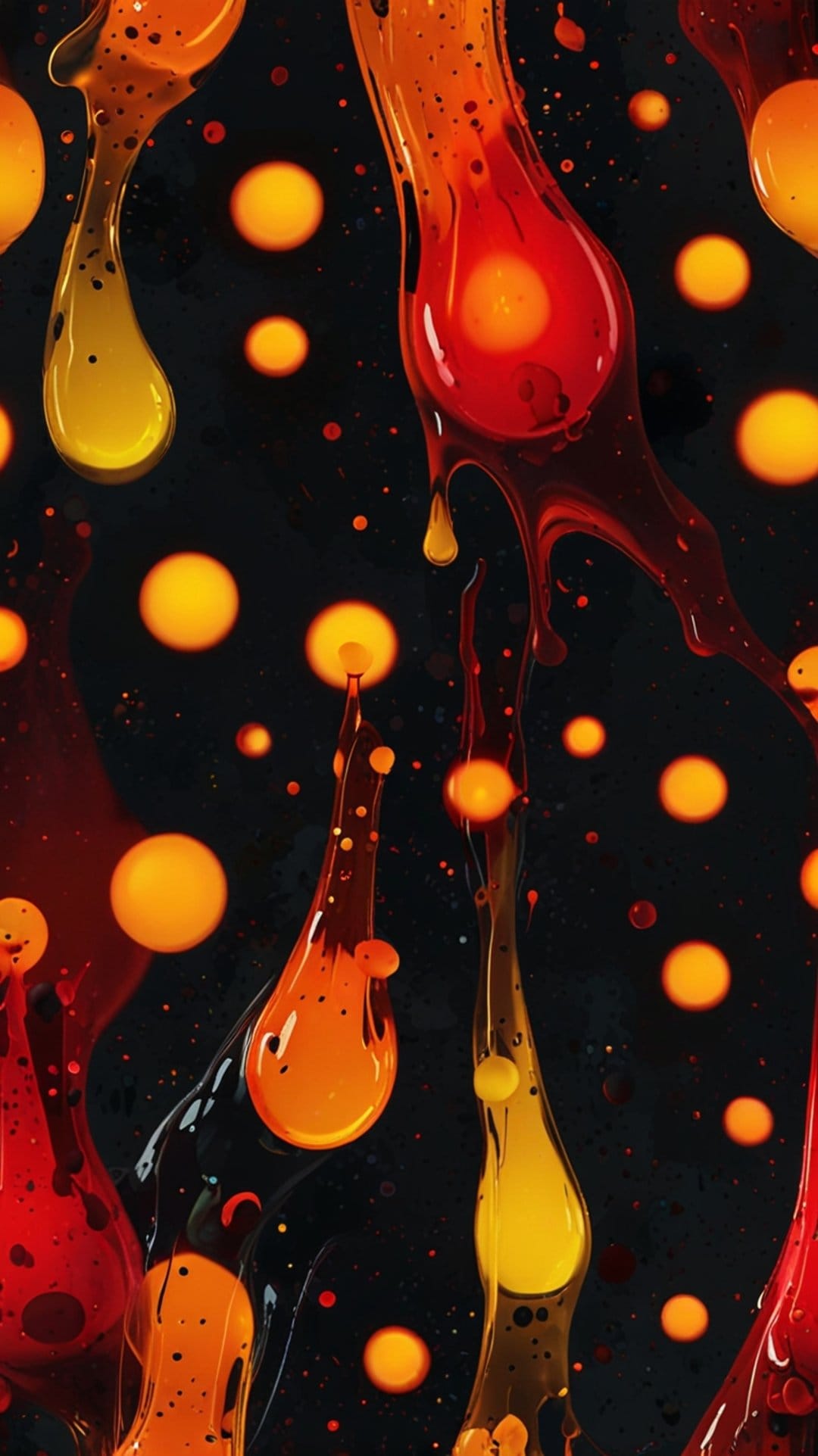 Orange and yellow liquid blobs float against a black backdrop with small glowing orbs and splattered droplets.