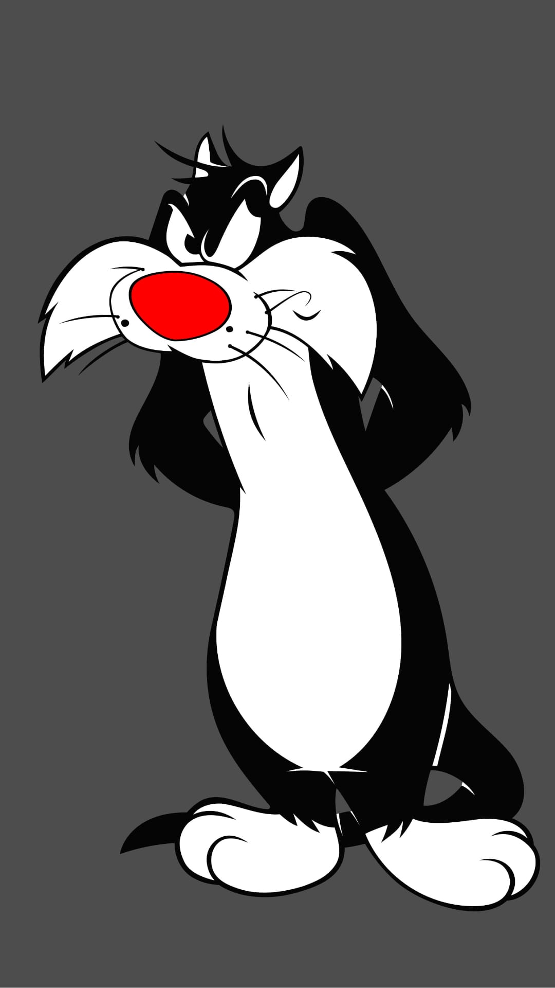 Sylvester the Cat with a red nose and mischievous expression stands against a simple colored backdrop.