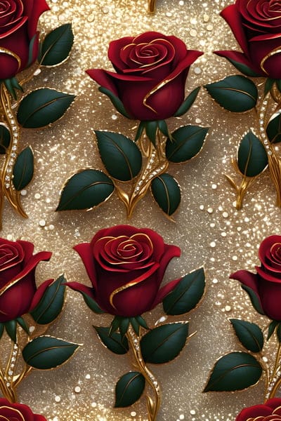 Crimson roses with gold filigree and embedded diamonds are arranged over a sparkling yellow gold background.