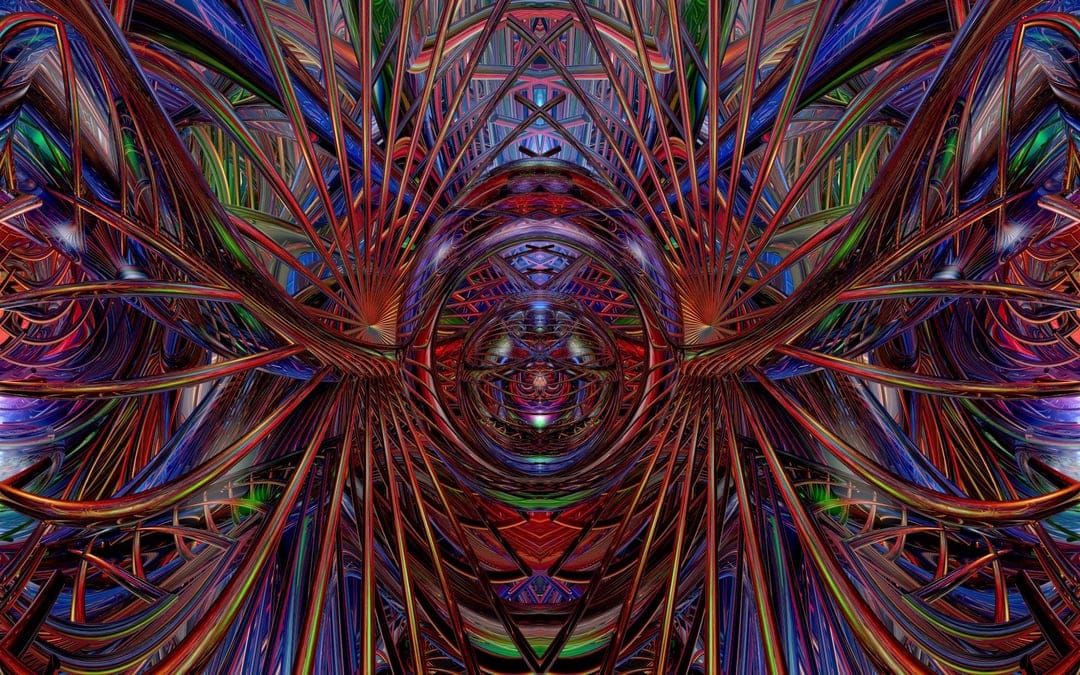Symmetrical red, blue, and green fractal patterns with intricate, organic web-like structures and deep shadows.