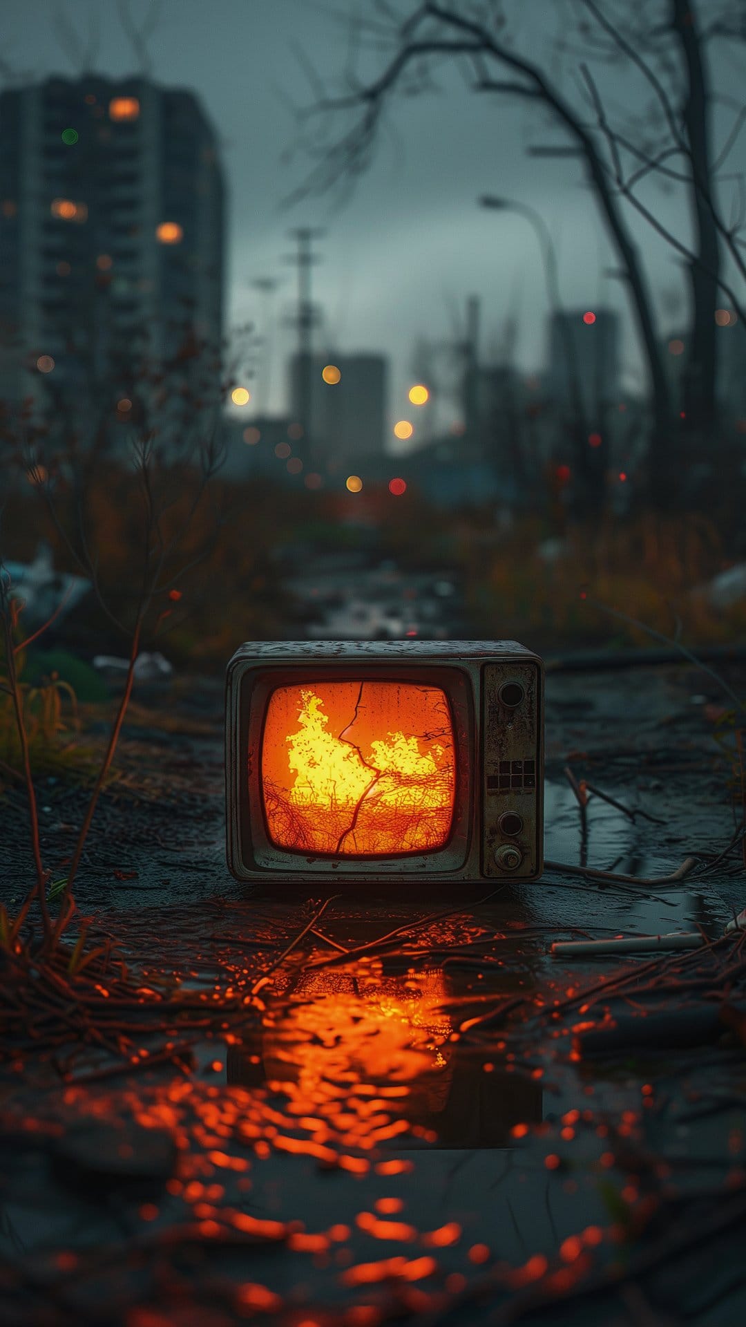 Cracked vintage television displaying a roaring fire sits on a wet street in a ruined city under a rainy sky.