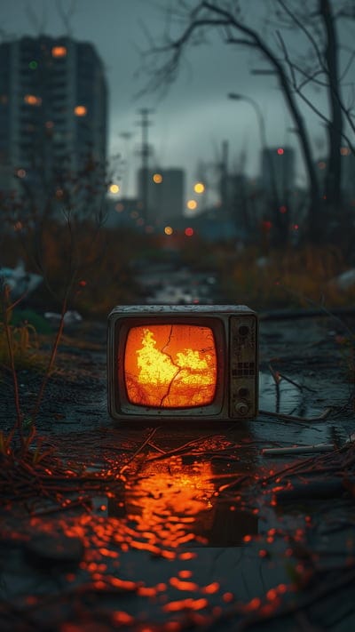 tv,old,fire,buildings,blur,dark