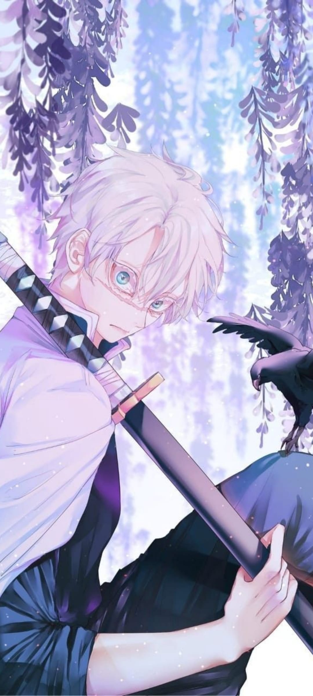 Young samurai with facial bandages holds a katana under purple wisteria flowers beside a perched black raven.