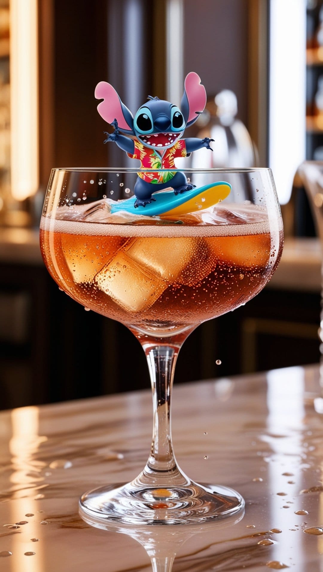 Stitch wearing a floral shirt surfs on a surfboard inside a stemmed cocktail glass filled with ice and bubbles.