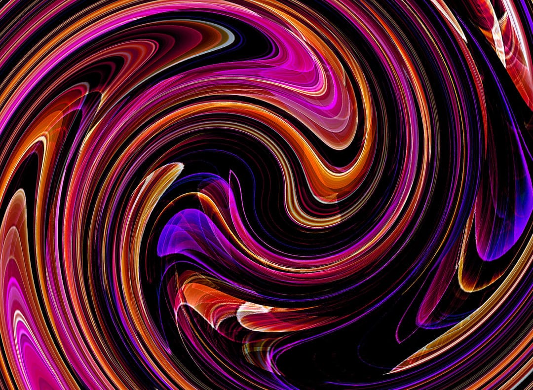 Swirling patterns of pink, orange, and purple paint flow together against a solid black backdrop.