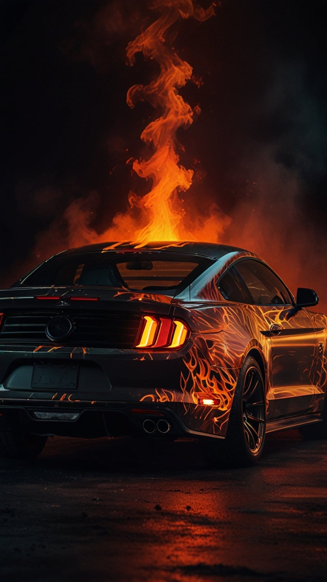 Ford Mustang muscle car with orange flames emerging from the engine bay and glowing graphics on the bodywork.
