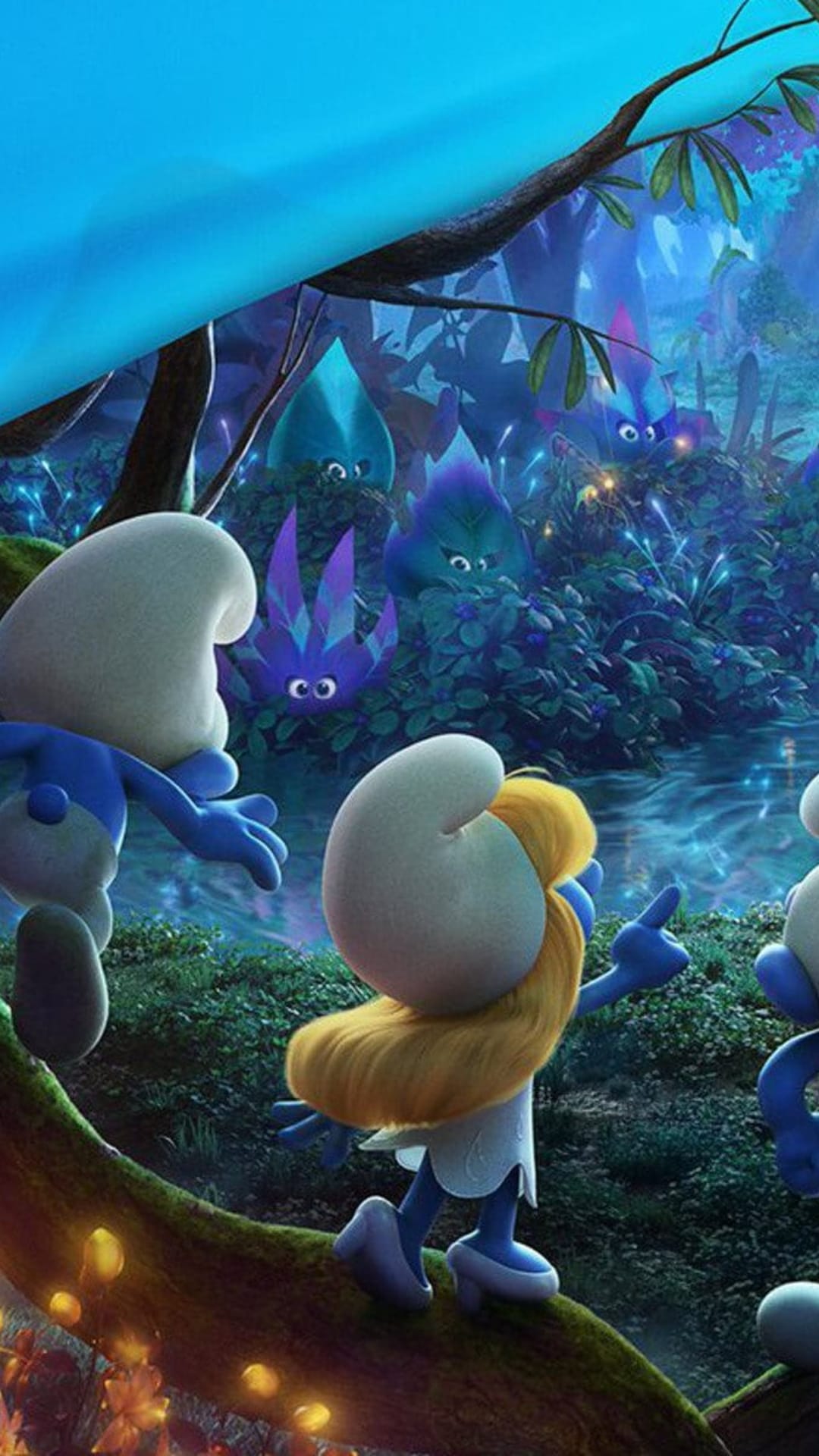 Smurf characters walk across a mossy branch surrounded by glowing purple crystals and neon forest plants.