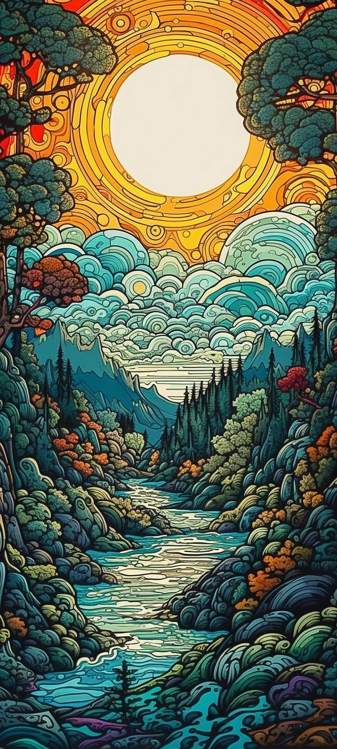 Winding river flows through a stained glass valley with jagged mountains under a golden sun with swirling light.