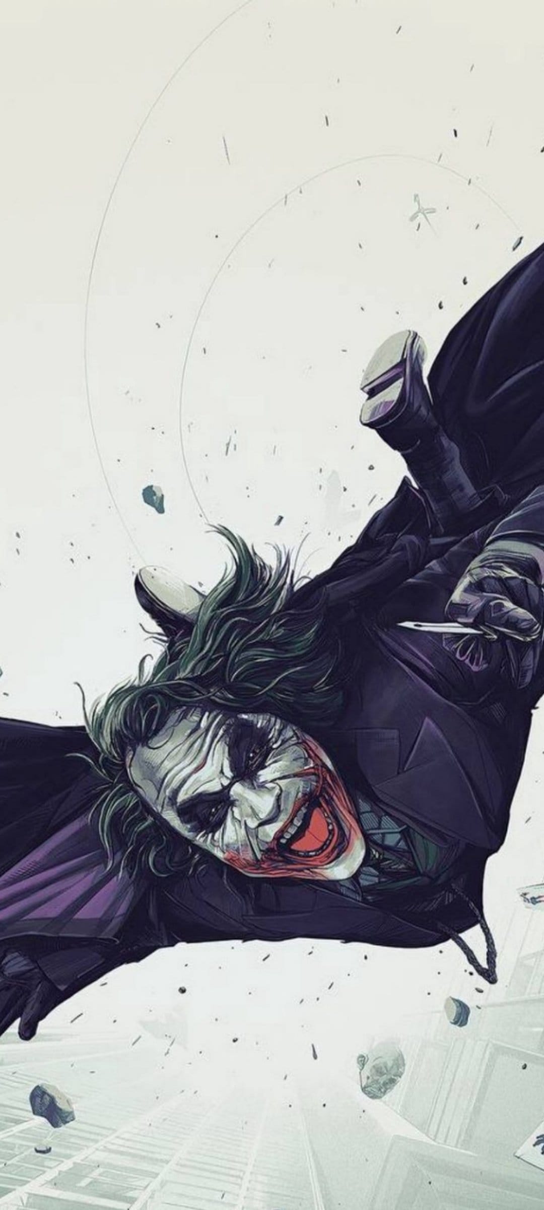 Joker falls through a dark night sky clutching a knife with Gotham City skyscrapers visible behind him.
