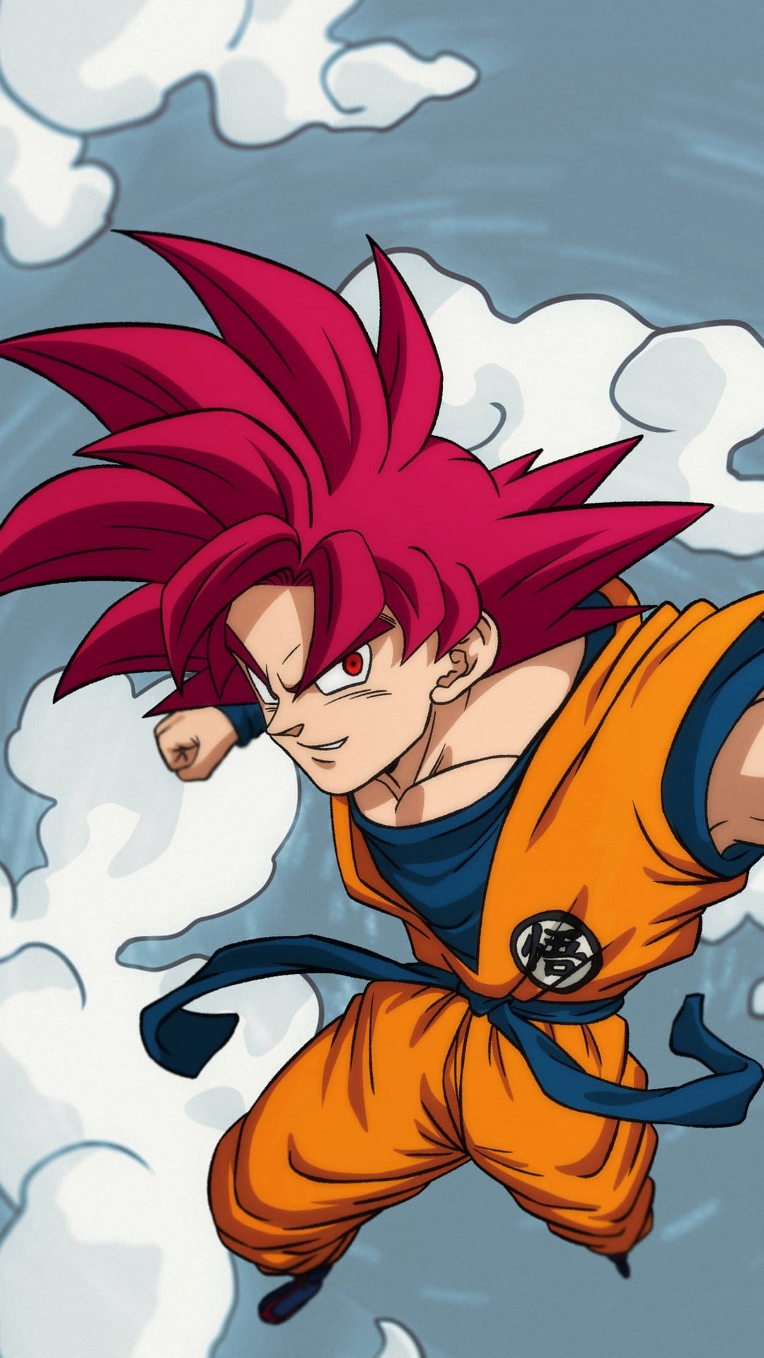 Goku in Super Saiyan God form with red hair flies through white clouds in a bright blue sky wearing an orange gi.