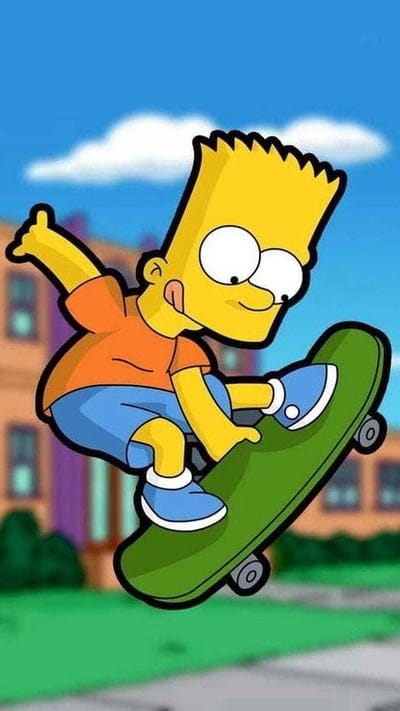 Bart Simpson, skateboard, animation, yellow character, cartoon, dynamic pose, fan art, pop culture, iconic, rebellious, blue shorts, orange shirt, trick, animated series, Springfield, outdoor scene, playful, energetic, fun.
