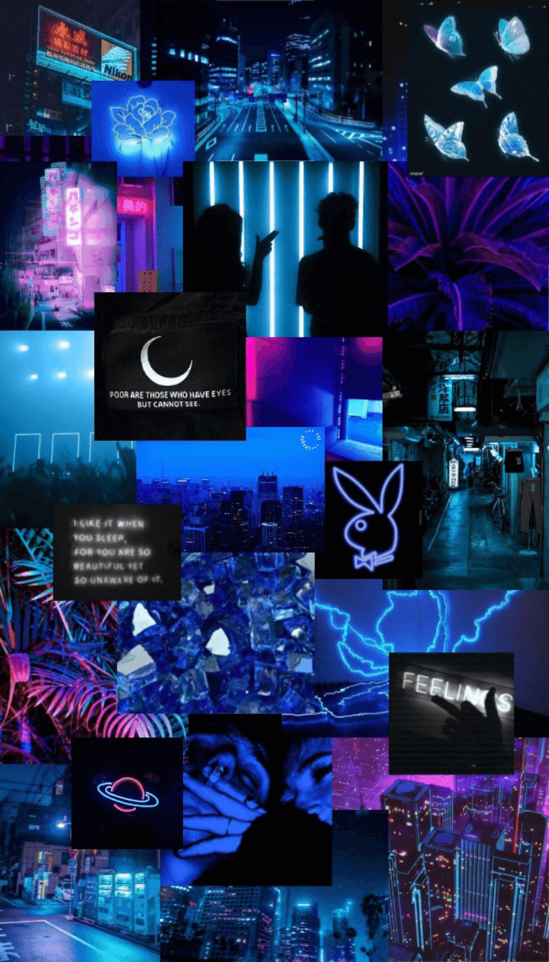 Radiant butterflies hover over a dark cyberpunk city collage featuring glowing blue and purple signage.