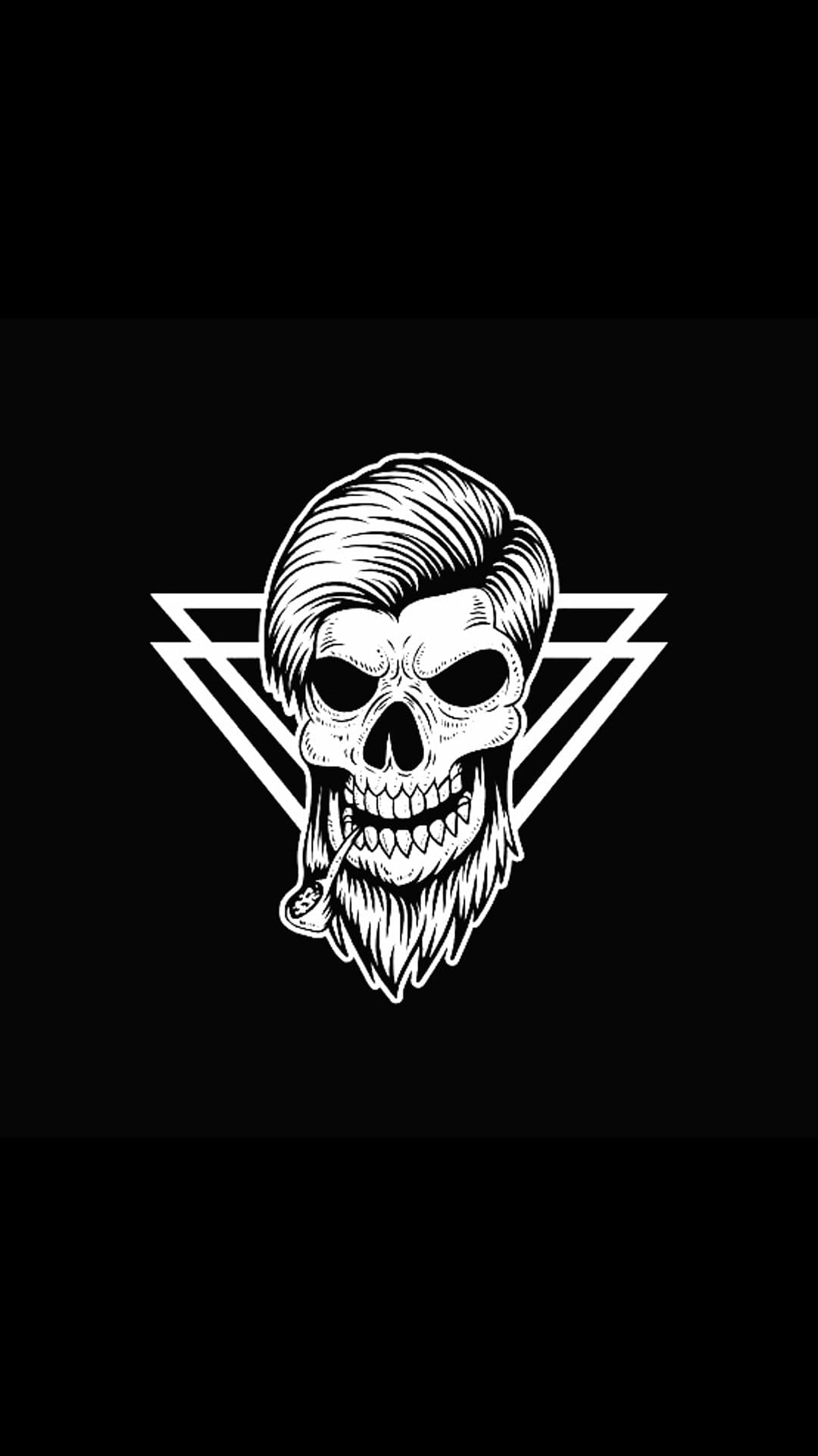Bearded skull with a pompadour hairstyle smoking a pipe, rendered in bold black and white ink lines and shadows.