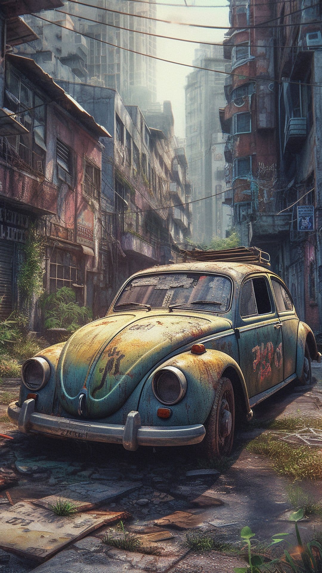 Rusted teal Volkswagen Beetle on a cracked, overgrown street between dilapidated buildings in a ruined city.