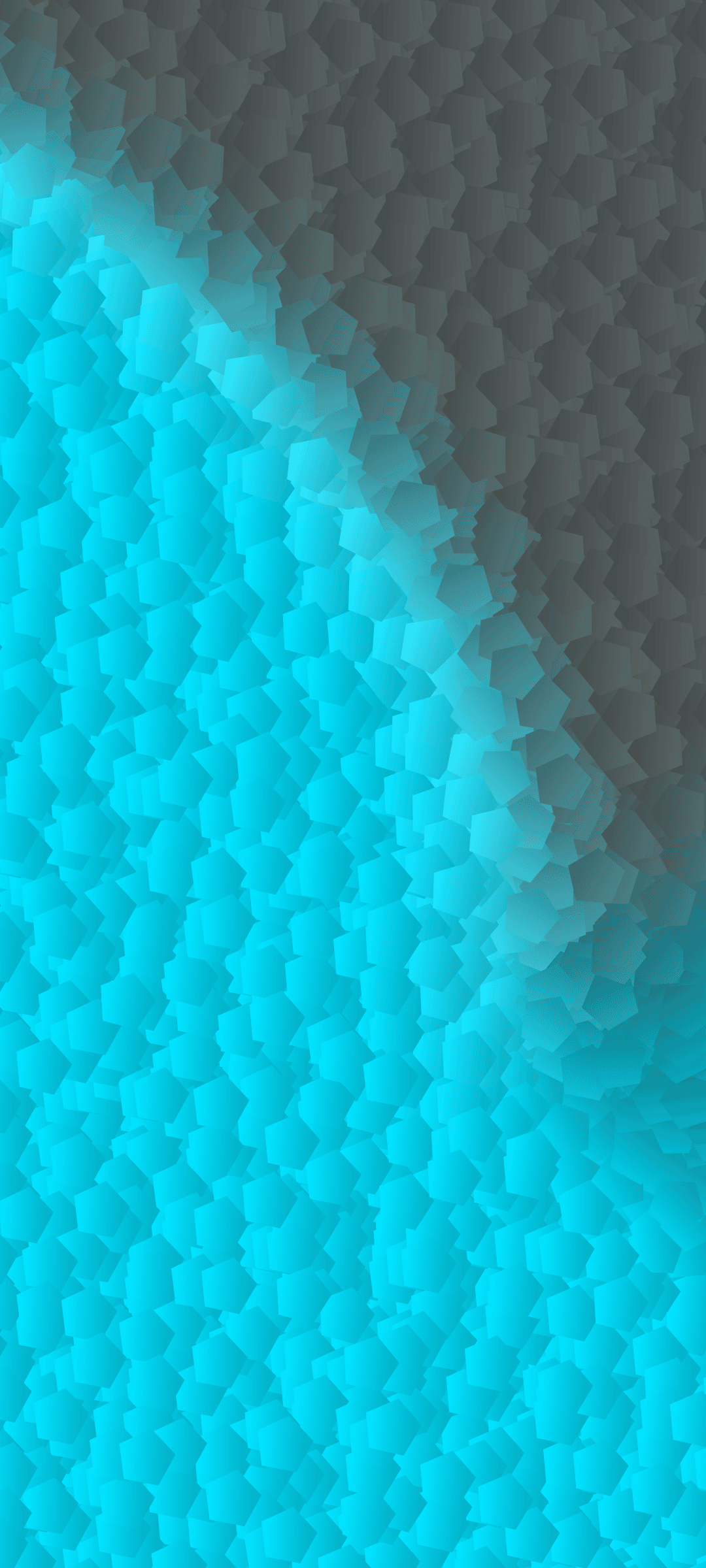 Overlapping cyan and gray geometric polygons with sharp edges and subtle depth create a layered abstract pattern.