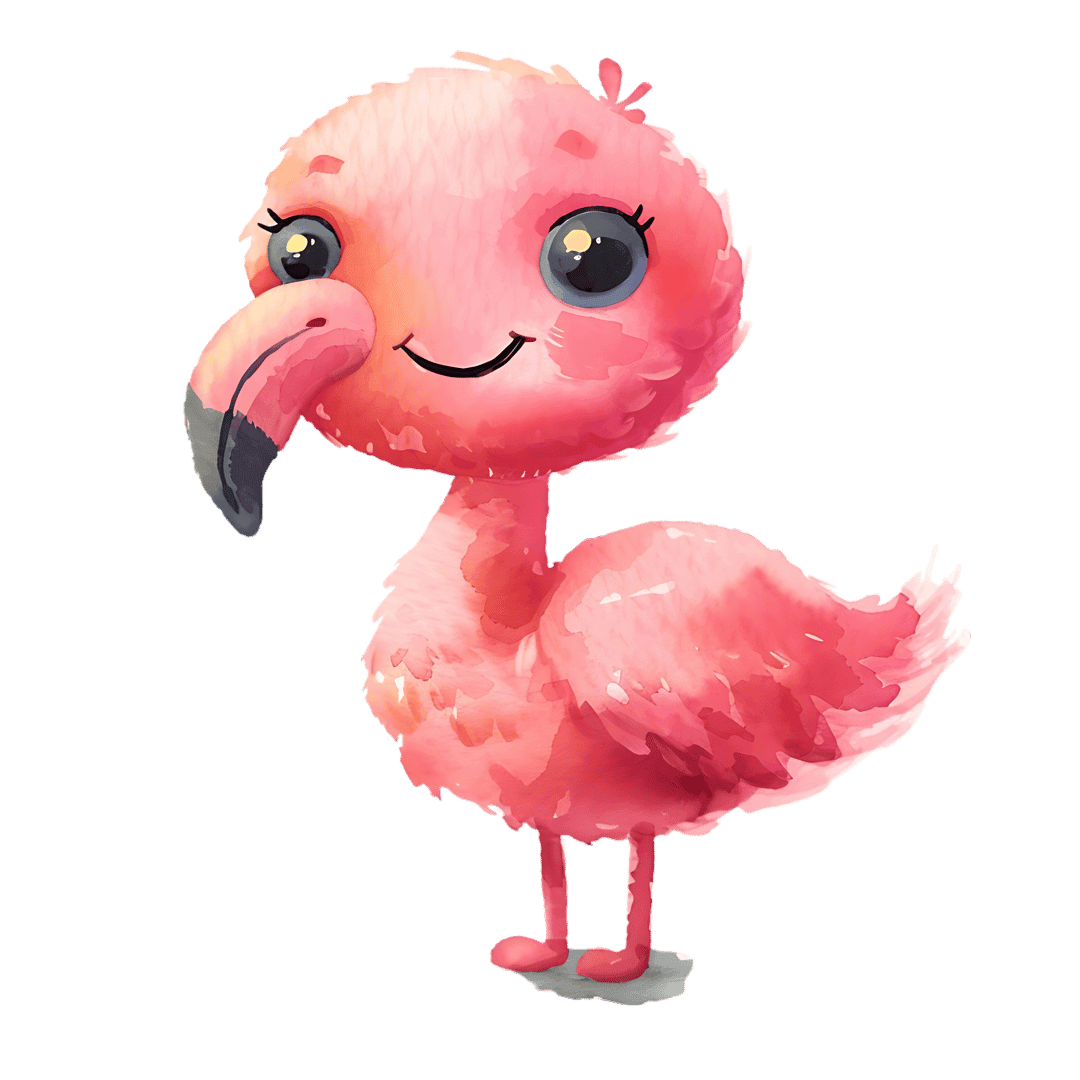 Pink flamingo watercolor illustration with feathery textures and blue eyes in profile against a black background.