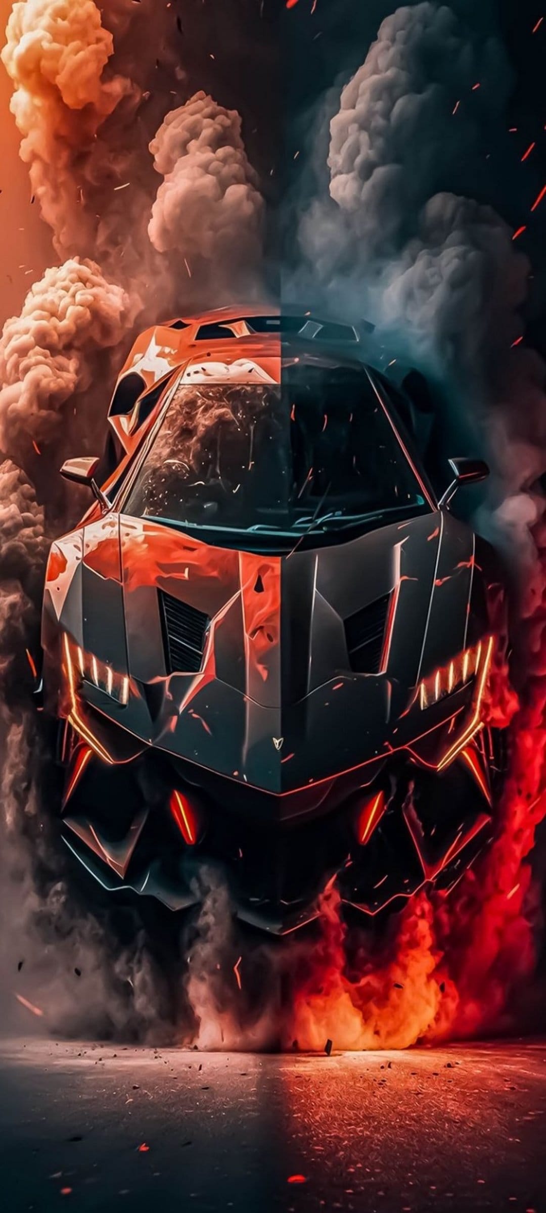Futuristic sports car split by orange and blue light amid thick smoke plumes and glowing embers on a dark background.