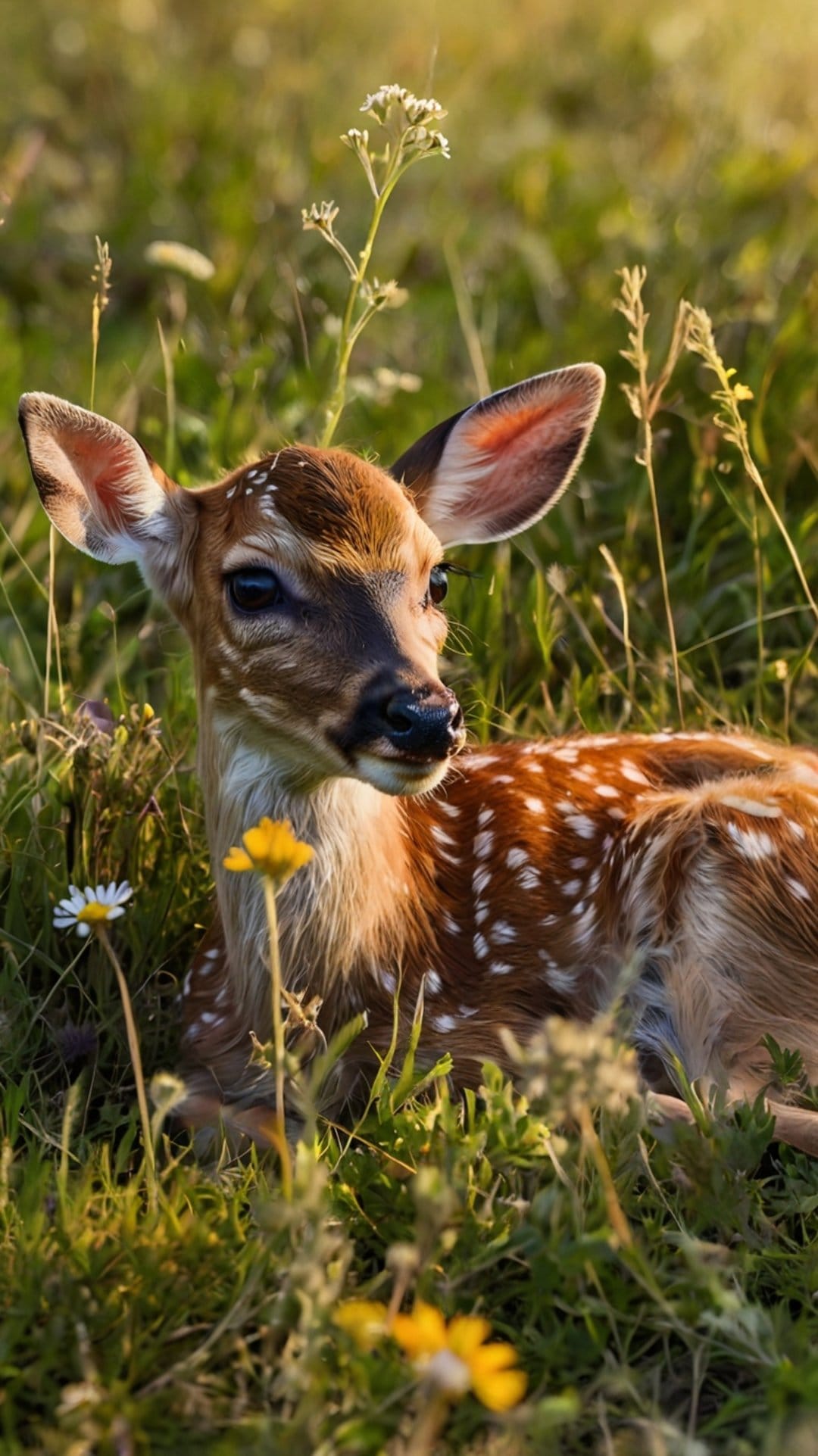 Young spotted fawn with large dark eyes resting in tall green grass and wildflowers under warm sunlight.