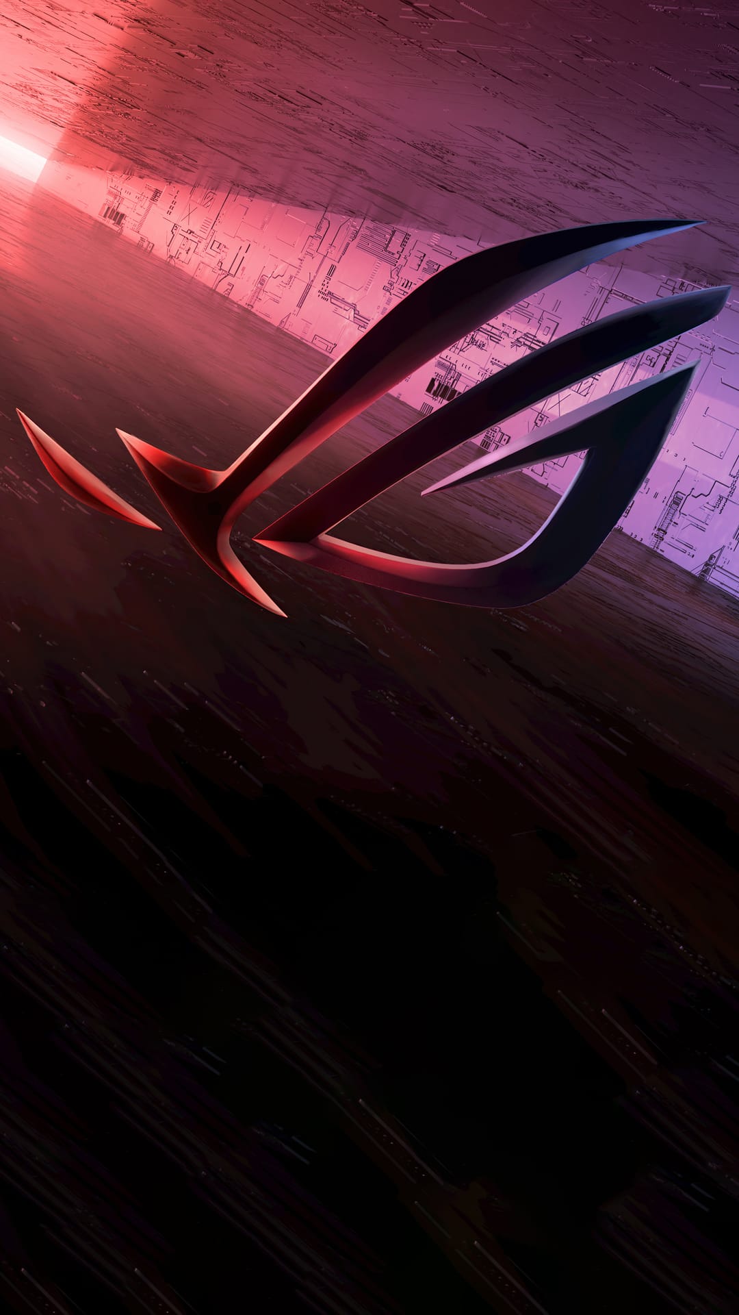 Republic of Gamers logo with red and purple neon lighting on a dark textured background with geometric lines.
