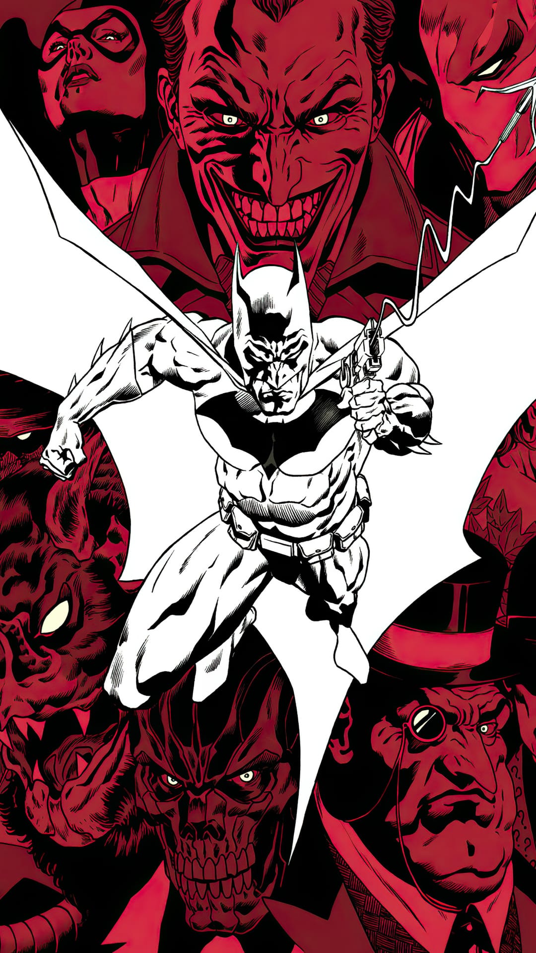 Batman holds a weapon surrounded by Joker, Catwoman, and Penguin in a red and black comic book scene.