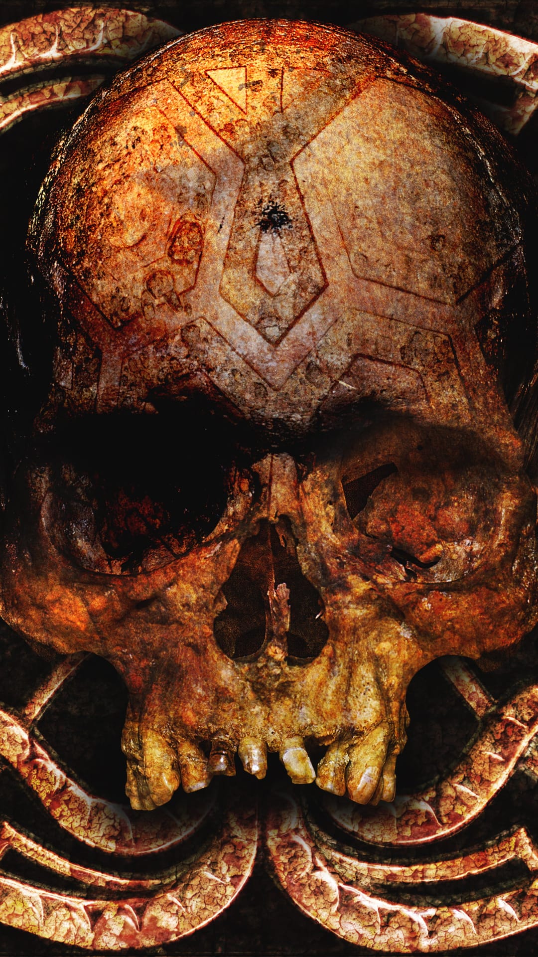 Weathered skull with etched forehead runes centered within a curved bone structure under dramatic dark lighting.