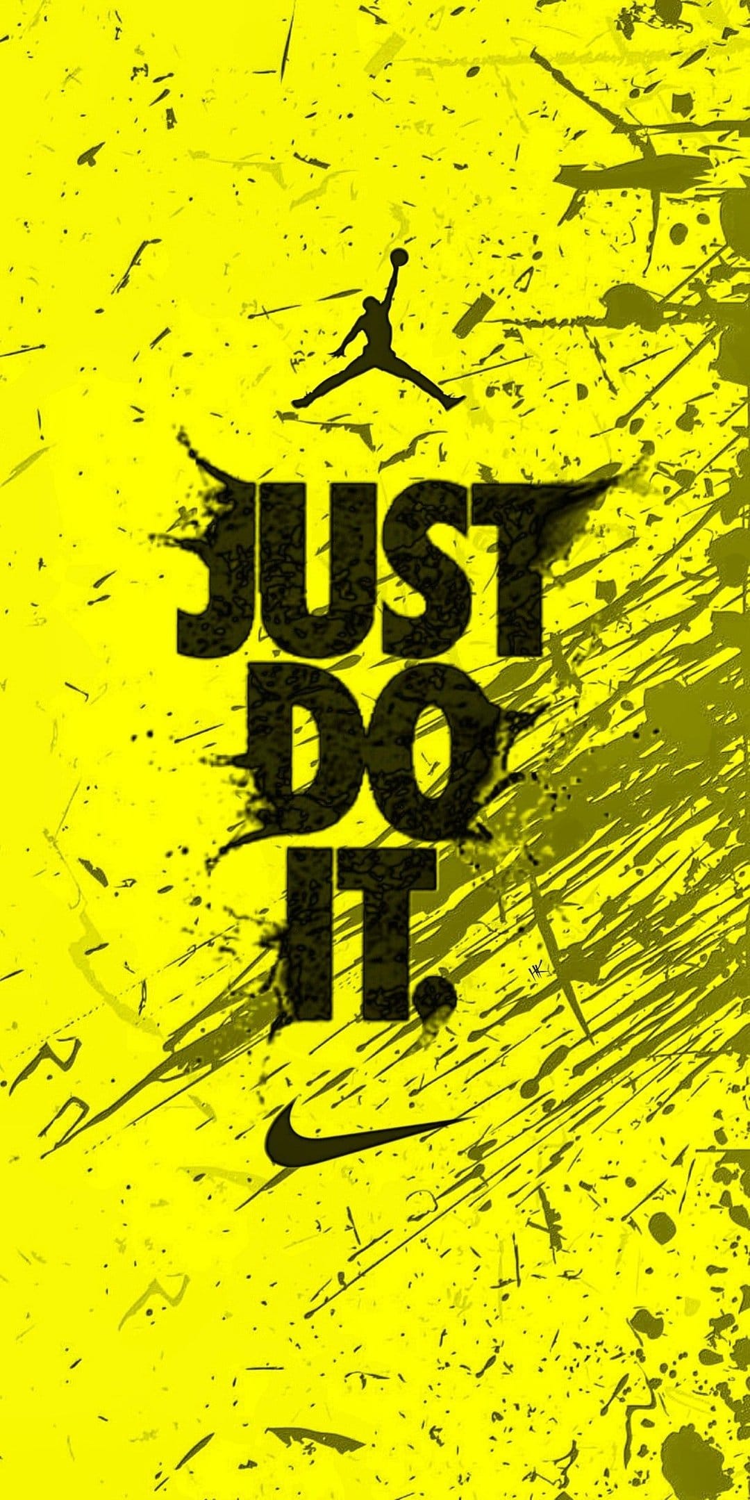 Jumpman logo and Nike swoosh set against a yellow background with black paint splatters and bold text.
