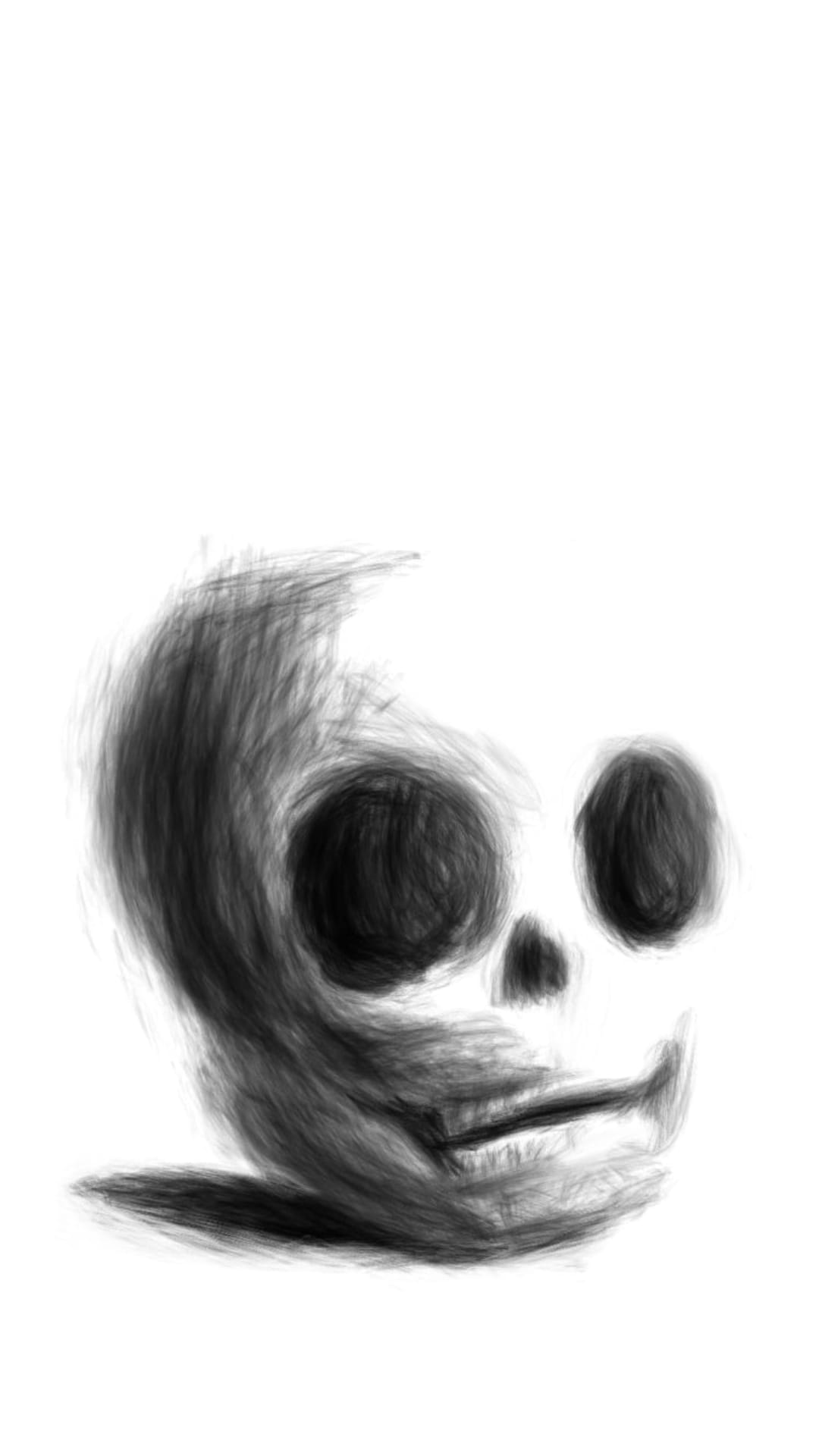 Sorrowful skull with dark expressive eye sockets and wispy charcoal edges against a stark white background.
