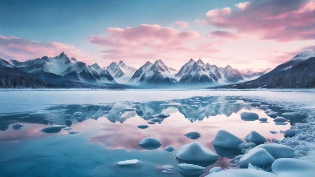 Snow-capped mountain ridges reflect in a glassy arctic lake under a pastel pink dawn sky with foreground ice.