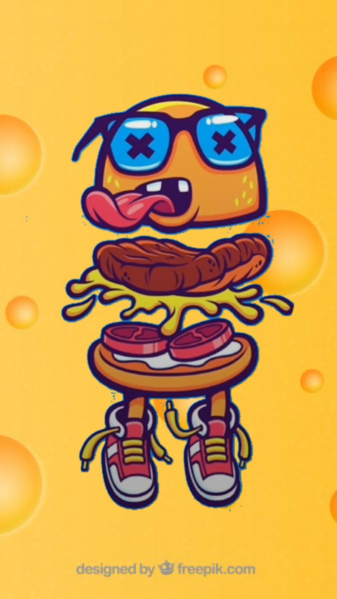Burger character with blue sunglasses, a long pink tongue, and red sneakers on a yellow patterned background.