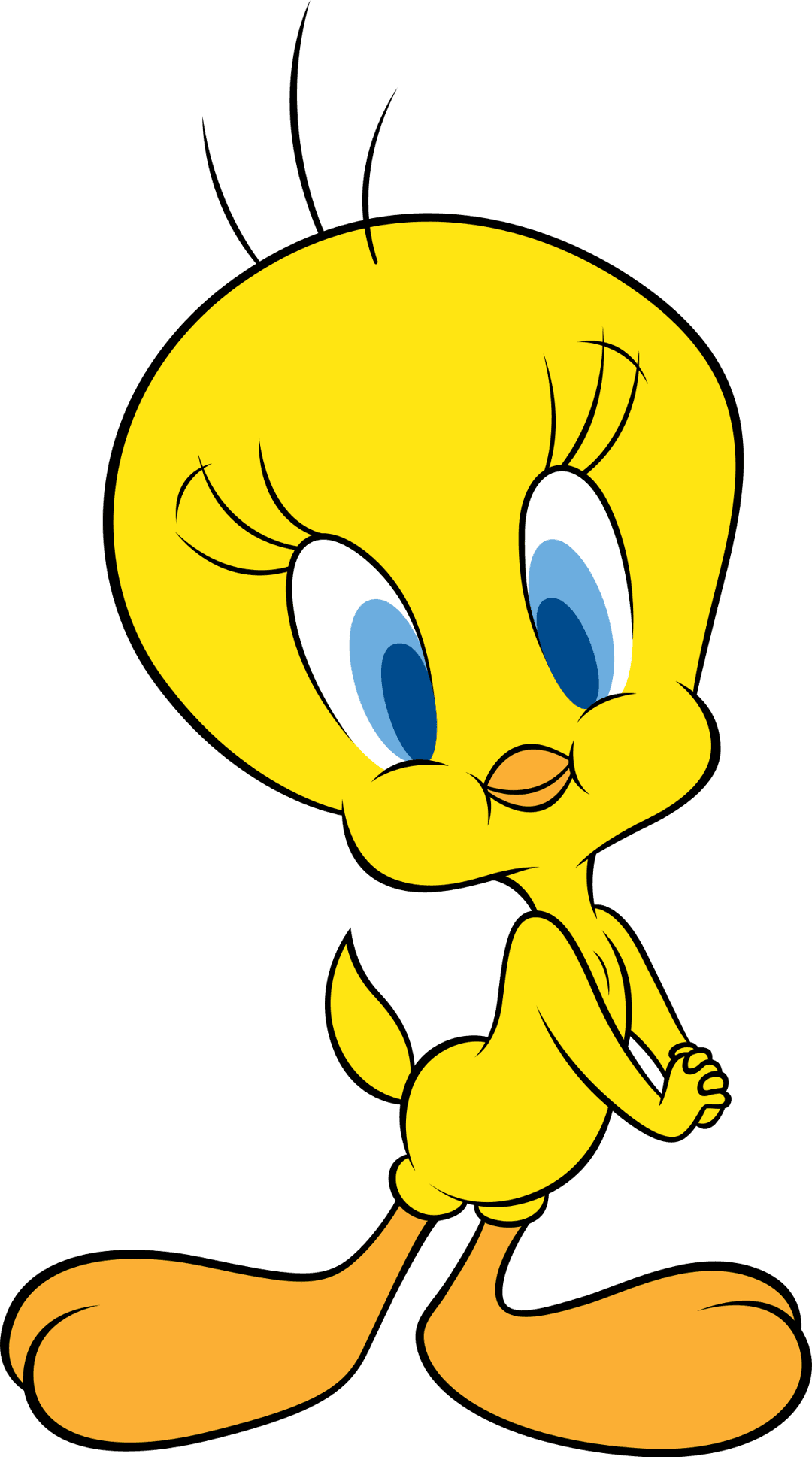 Tweety Bird stands with a slight head tilt and wide blue eyes against a stark black backdrop in a portrait pose.