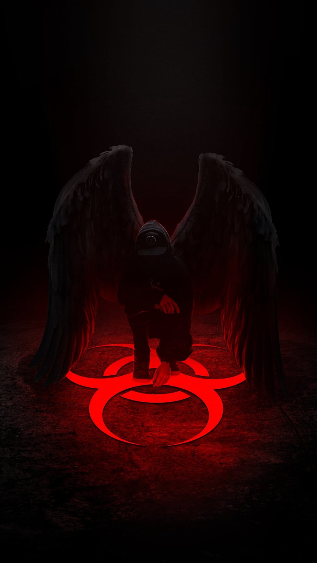 Winged hooded figure kneeling on a glowing red biohazard symbol within a dark and shadowy atmospheric setting.