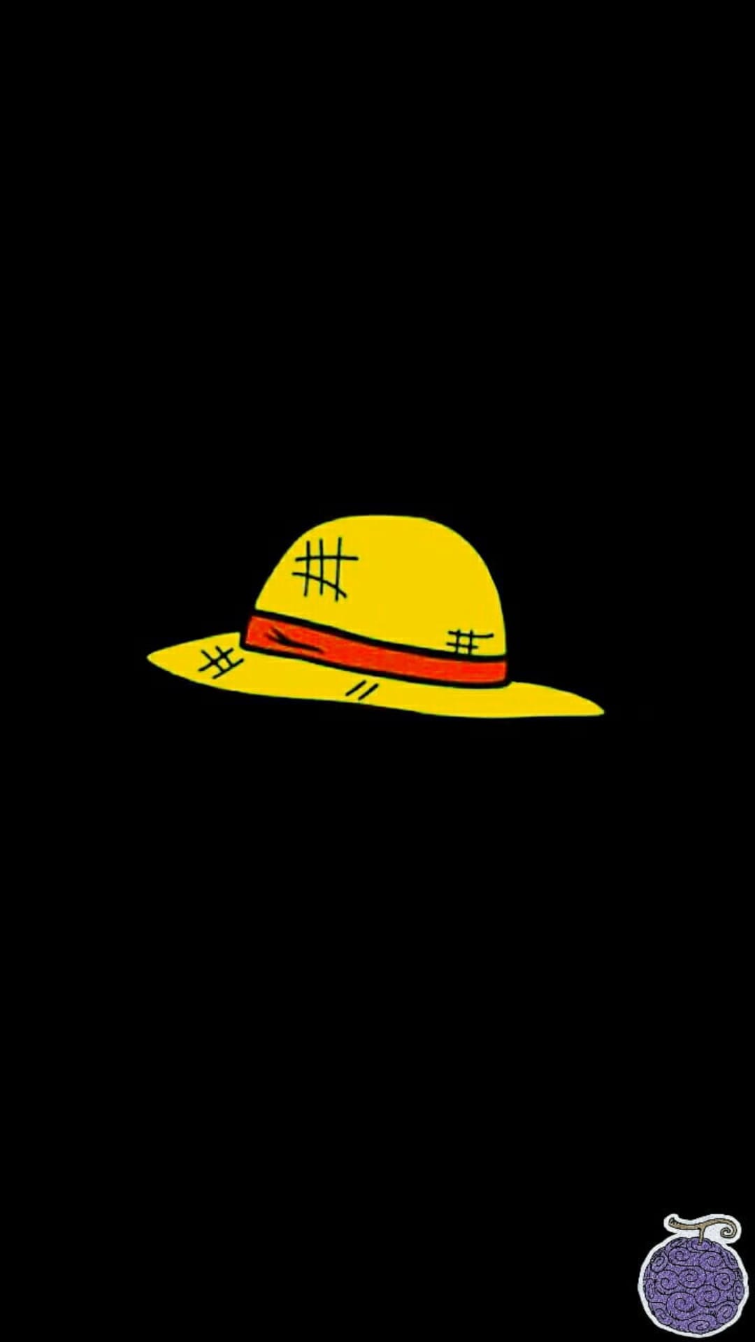 Yellow straw hat with a red ribbon next to a purple swirly devil fruit resting on a solid black background.