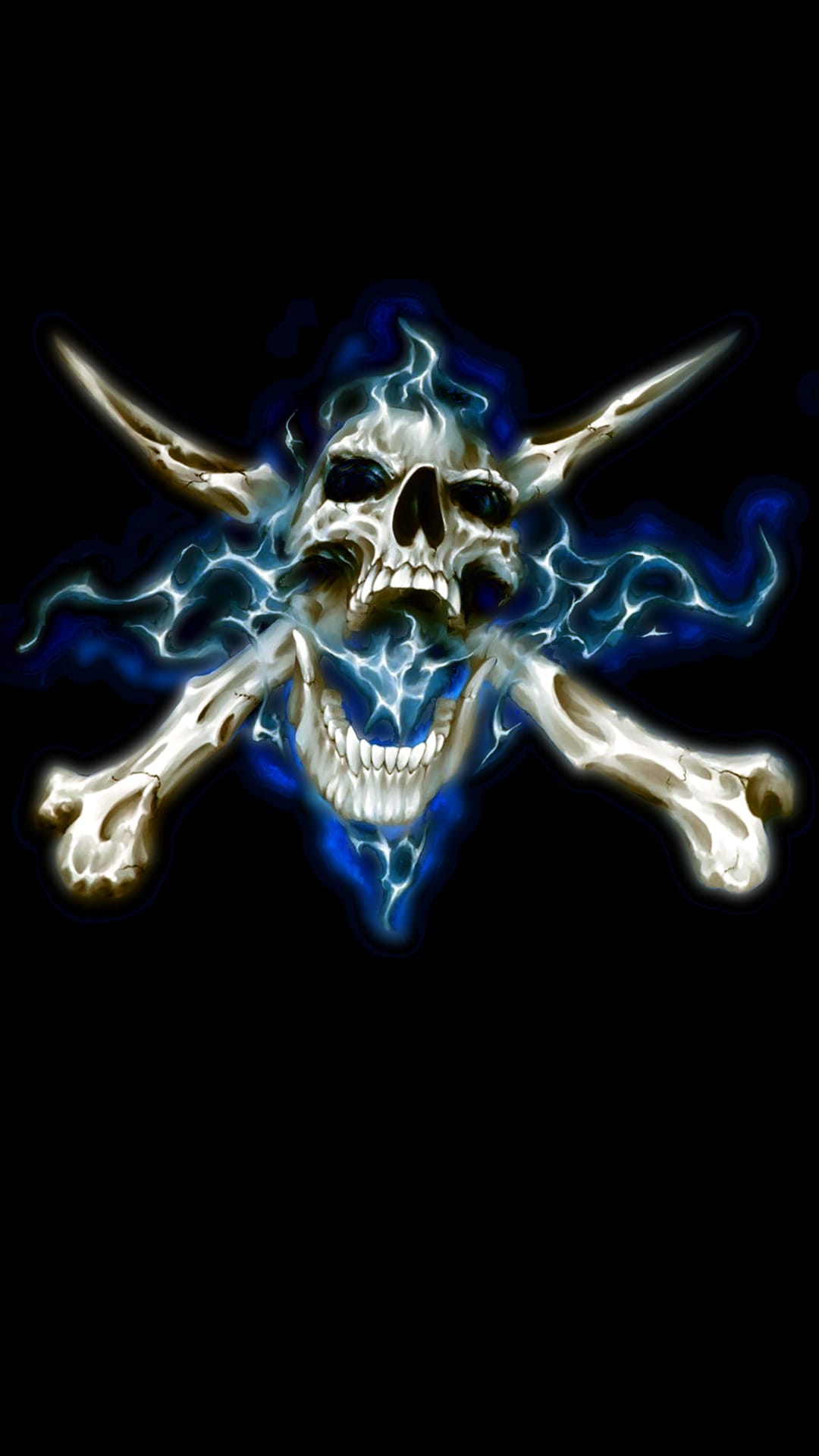 Horned skull and crossbones glowing with blue lightning bolts against a solid black vertical background.