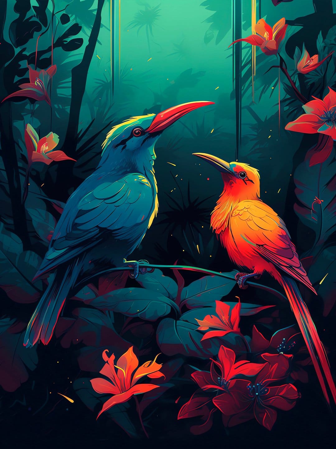 Two bright blue and orange birds perch on a branch surrounded by red flowers and glowing green jungle foliage.