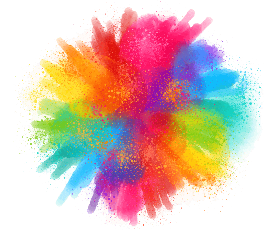 Multicolored paint explosion with sharp liquid droplets and glossy textures isolated on a transparent background.