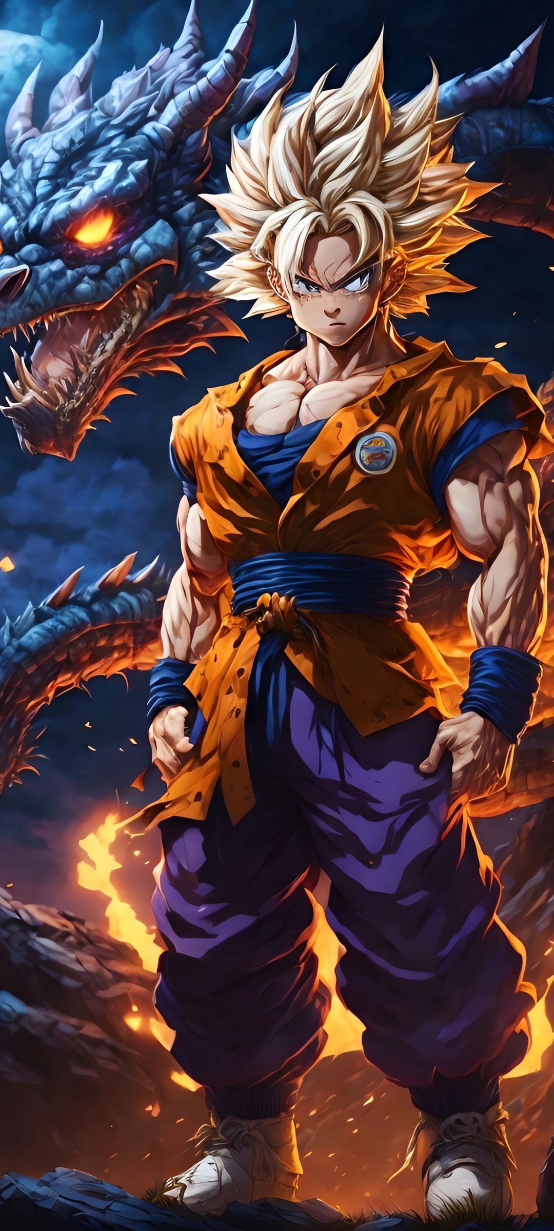 Goku with golden hair faces a colossal dragon amidst swirling embers and a glowing orange aura in this scene.