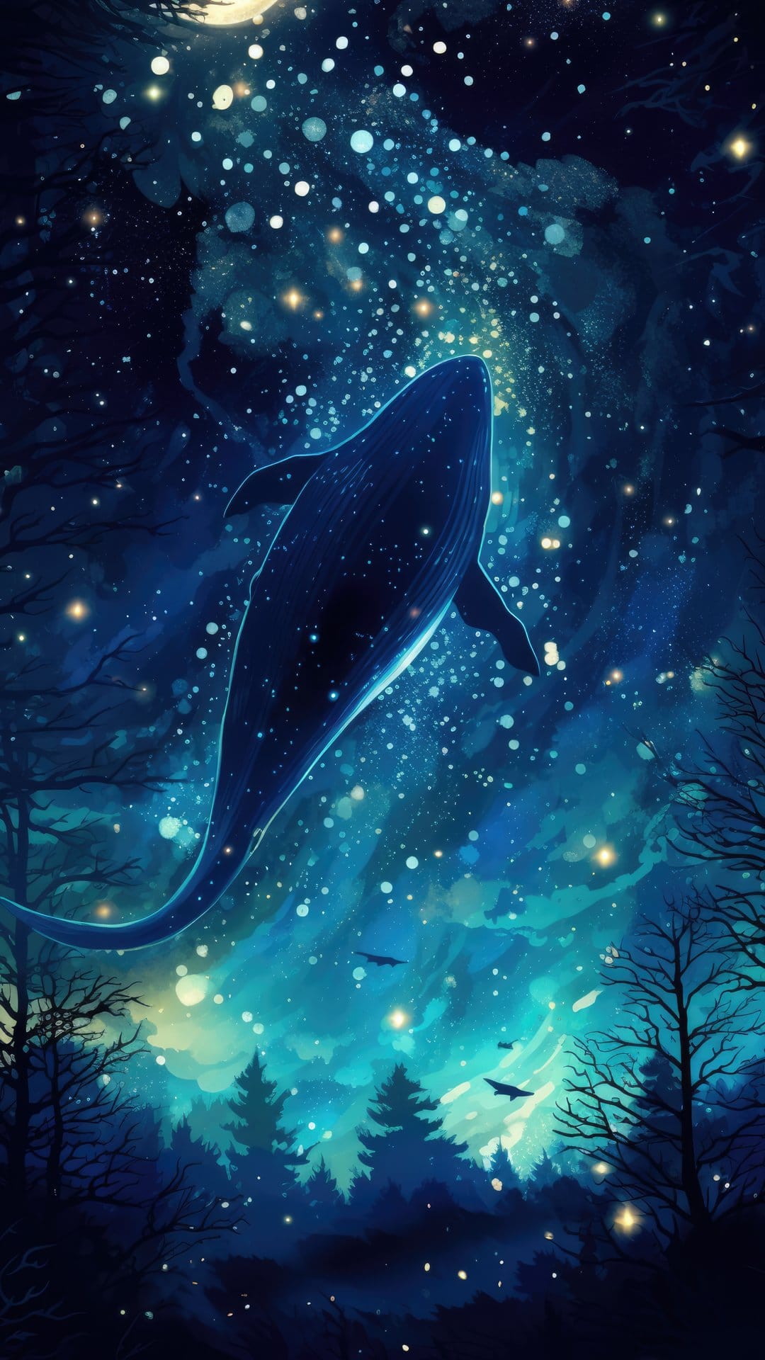 A giant whale swims through a star-filled night sky over dark silhouettes of pine trees and glowing fireflies.