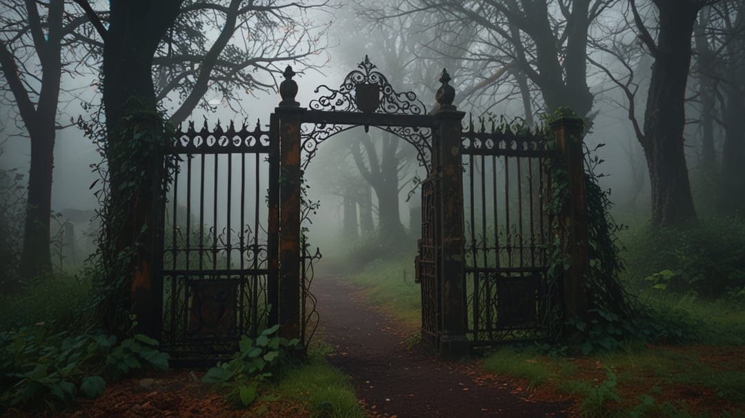 Wrought-iron gate stands open leading into a foggy forest path with twisted trees and thick creeping ivy.