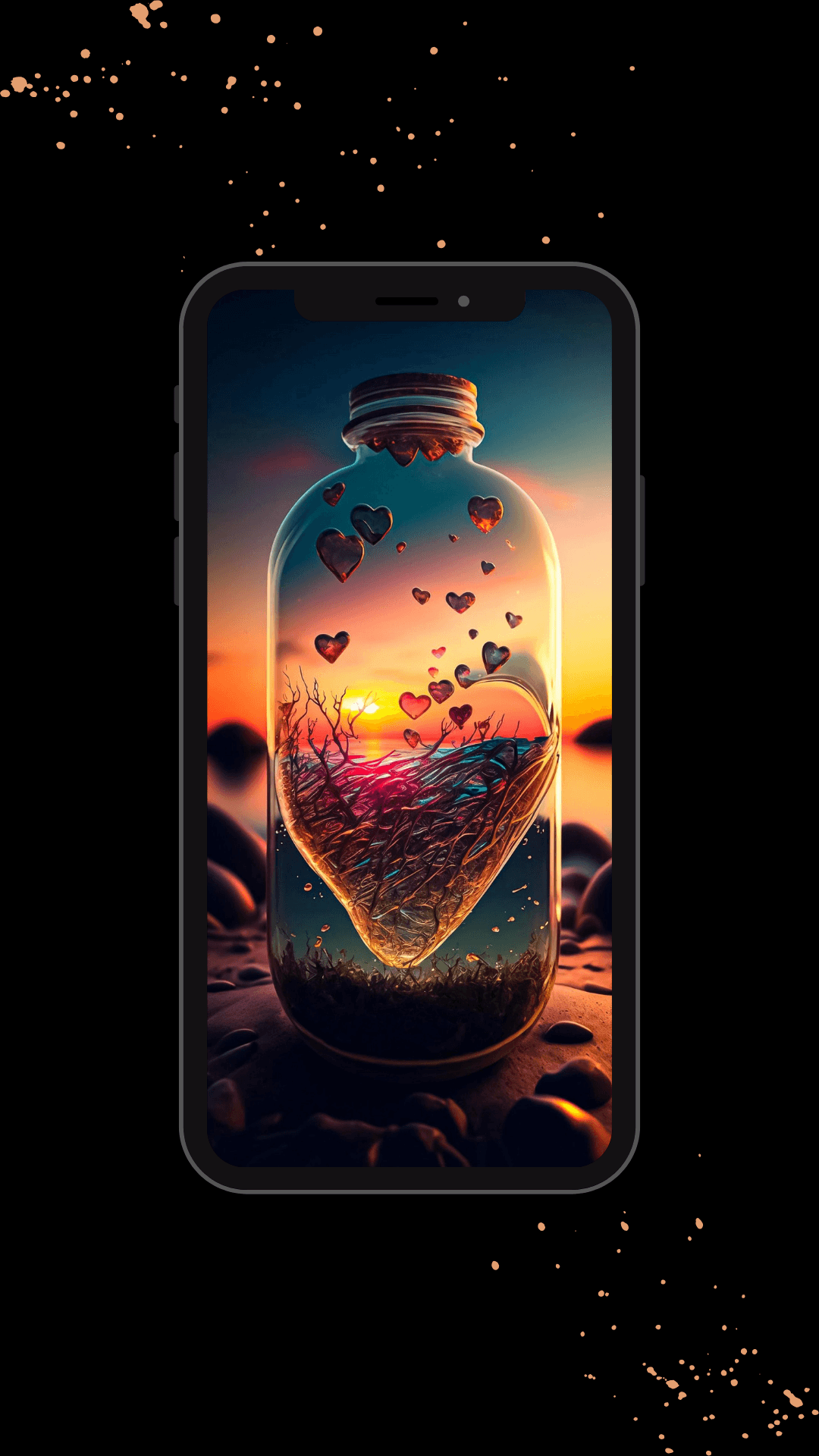 Glass bottle filled with glowing red hearts sits on a rocky beach under a vibrant orange and pink sunset sky.