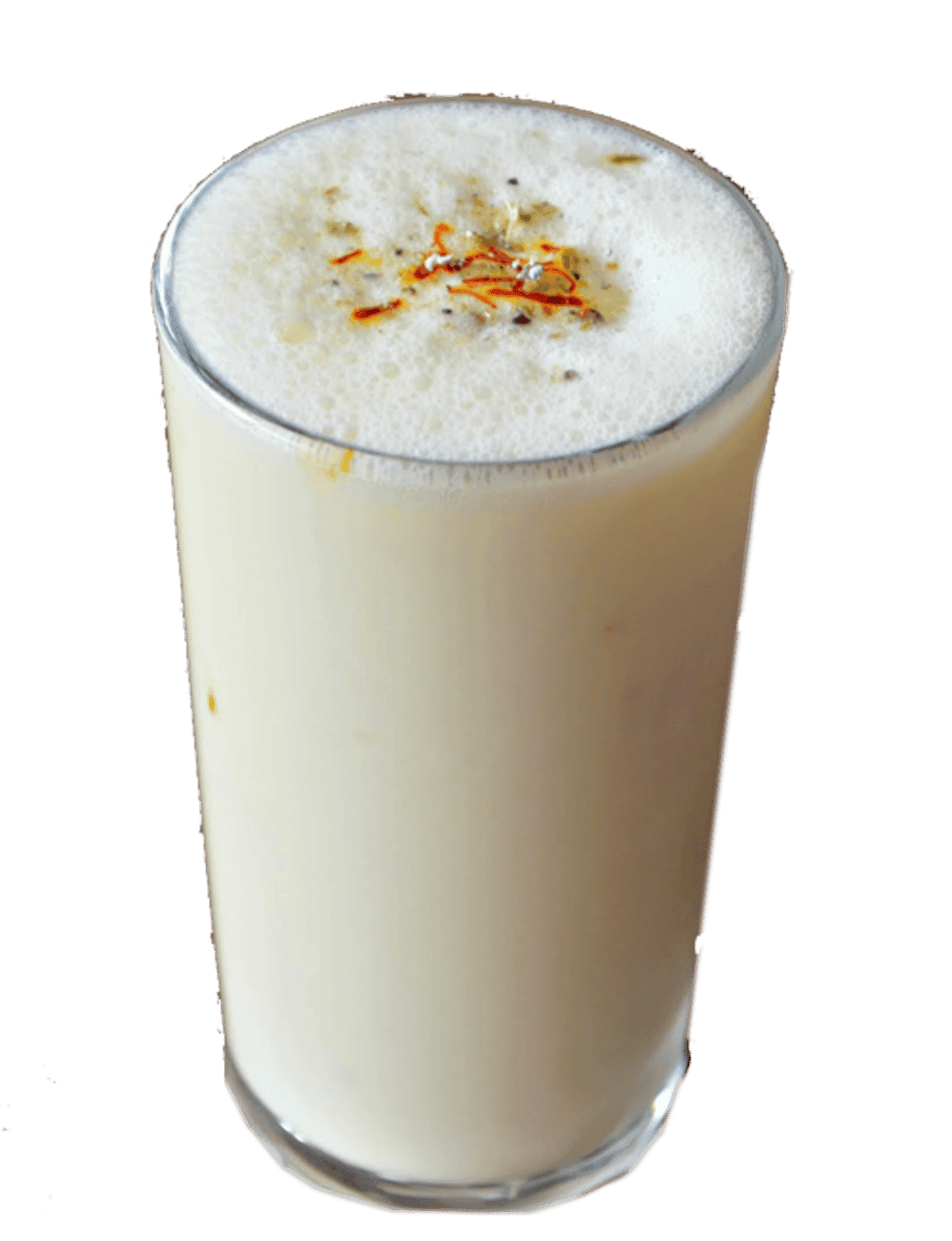 Lassi yogurt drink in a tall glass featuring thick frothy texture and realistic condensation on the surface.