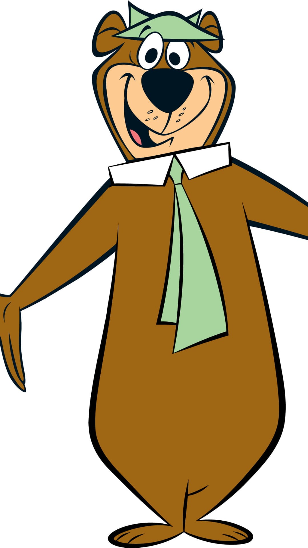 Yogi Bear wears a green fedora and matching necktie with a white collar against a simple, clean background.