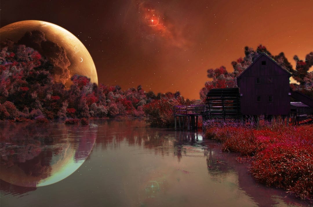 A massive textured moon looms over a crimson alien forest with a wooden watermill by a reflective river.