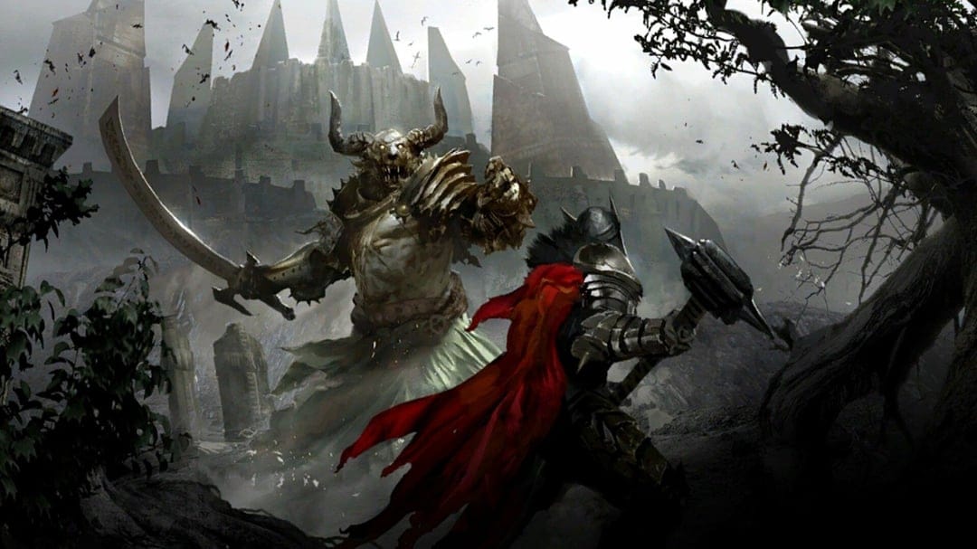 Armored knight with a red cape facing a giant horned warrior with a curved sword before a dark jagged castle.