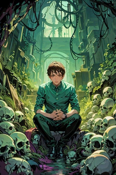 guy,ruins,skull,grass,art