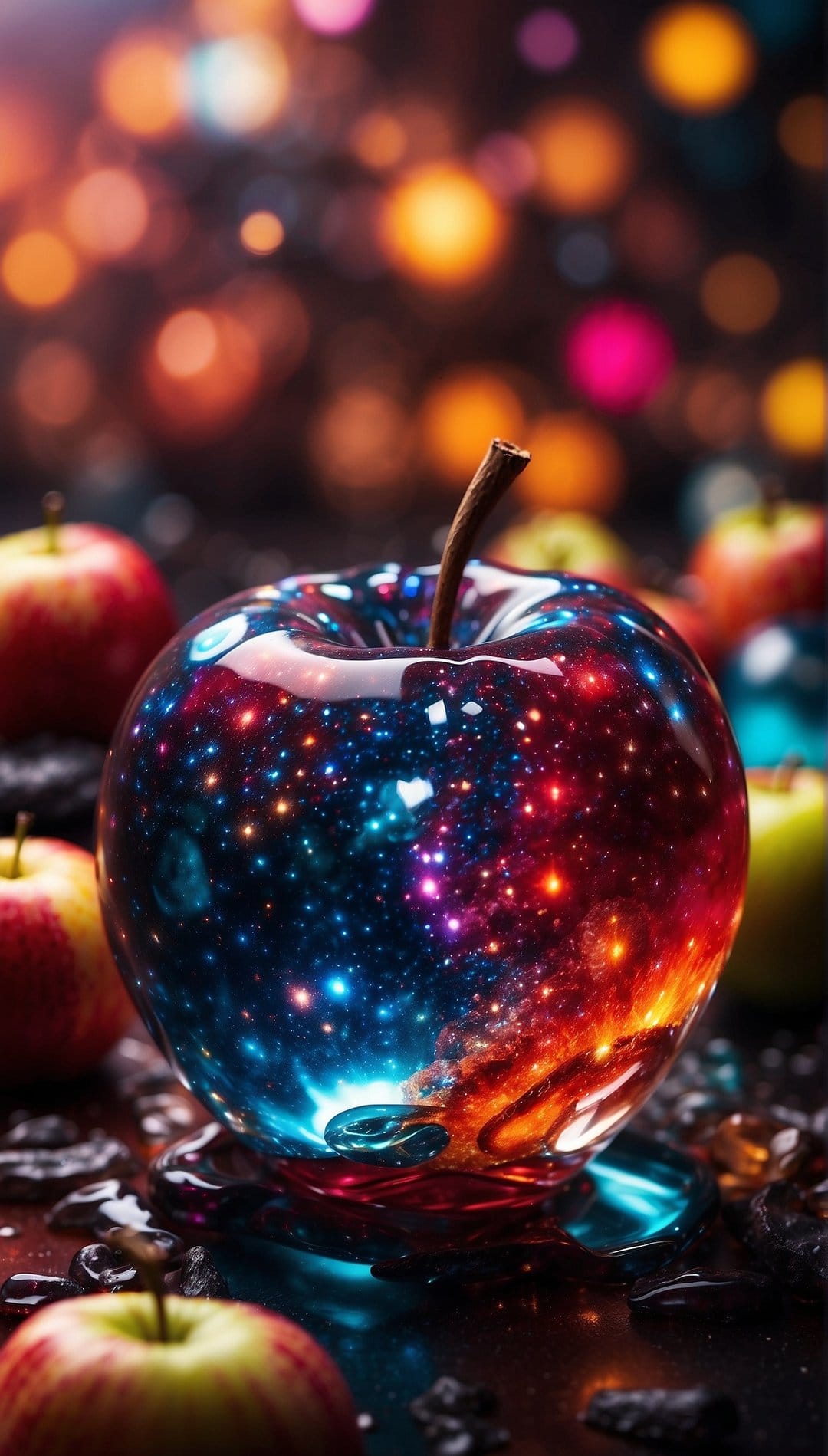 Red apple containing a swirling blue and purple galaxy sits on a dark surface amidst colorful bokeh lights.