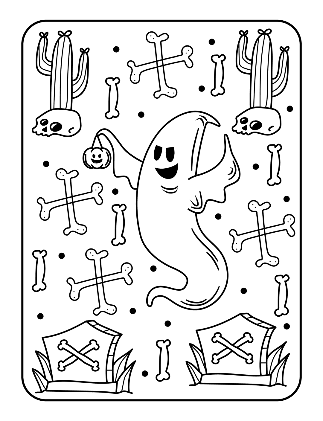Halloween coloring page featuring a ghost, pumpkins, and skeletons in high-contrast black and white line art.