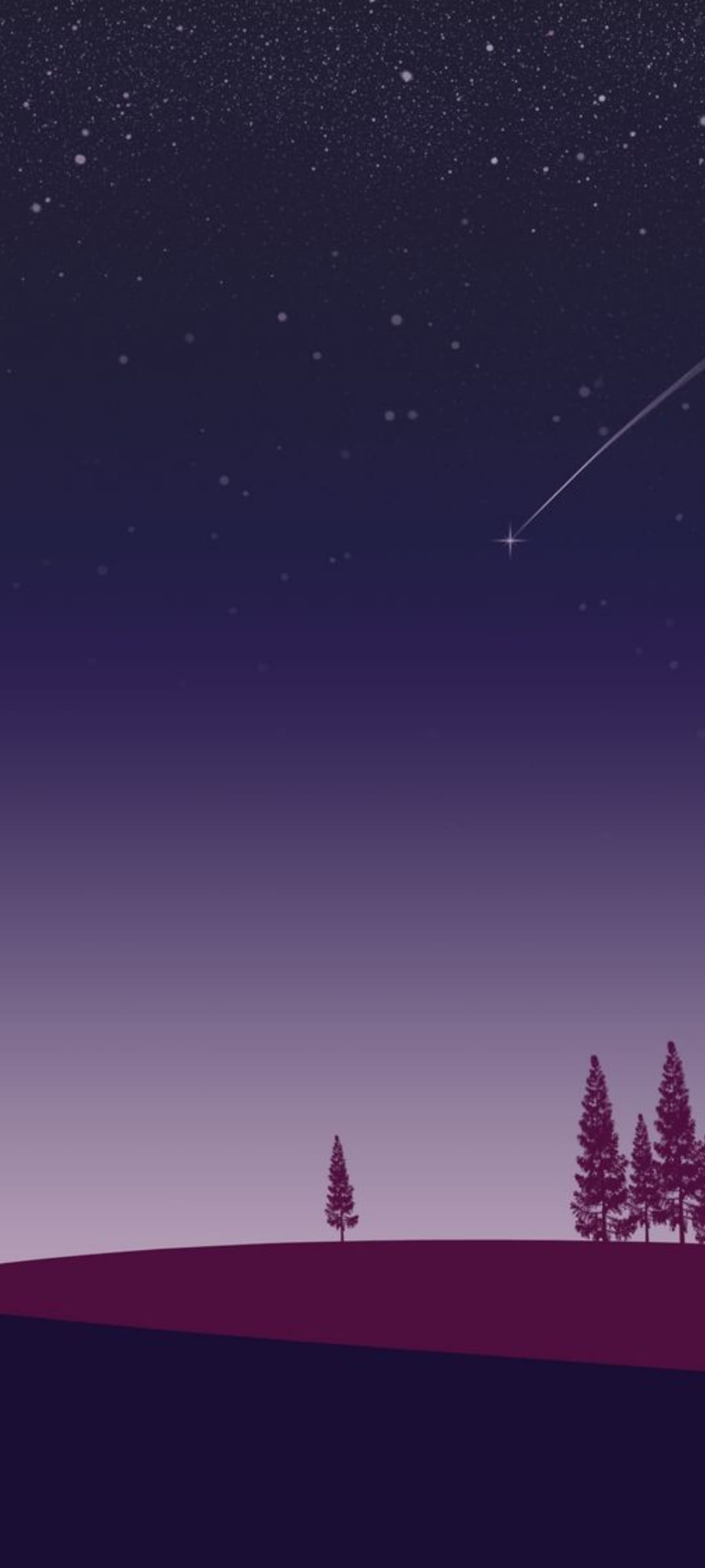 Silhouette evergreen trees on hills under a purple starlit sky featuring a bright white shooting star trail.